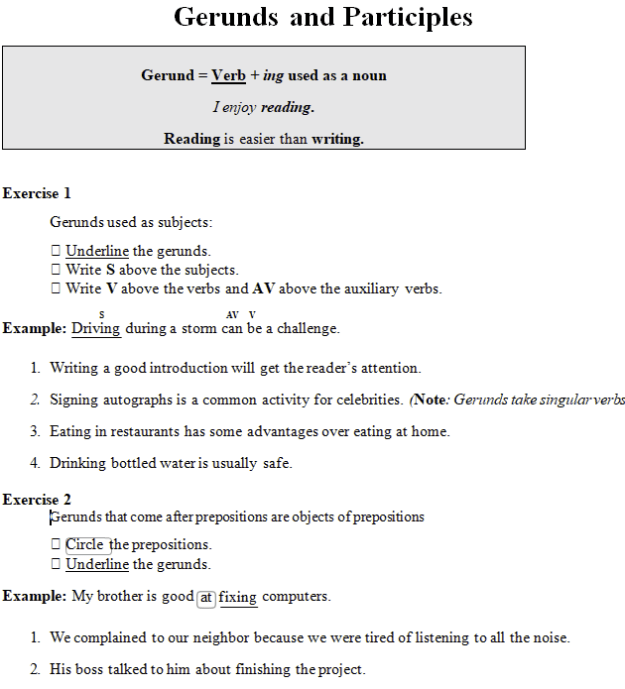 Gerunds WS2 Ex 1 and 2 shot